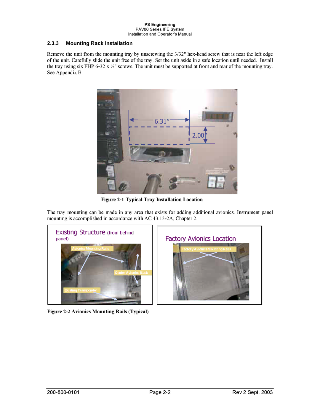 Garmin PAV80 operation manual Factory Avionics Location, Mounting Rack Installation 