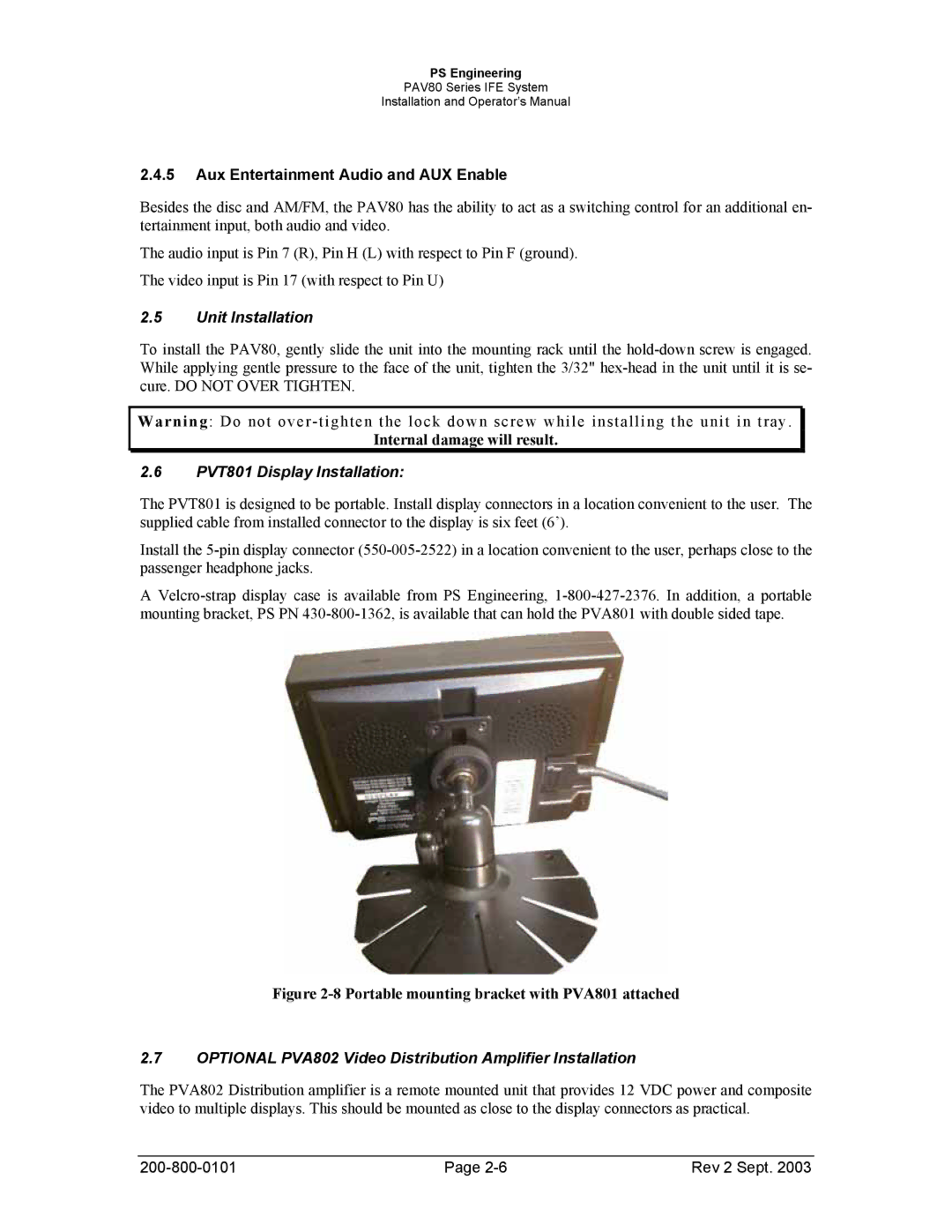 Garmin PAV80 operation manual Aux Entertainment Audio and AUX Enable, Unit Installation, PVT801 Display Installation 