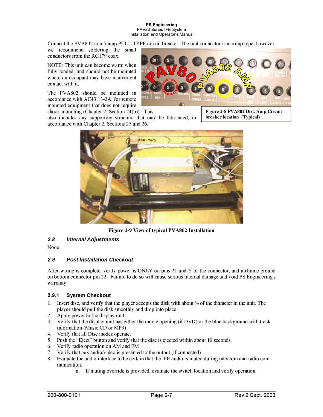 Garmin PAV80 operation manual Internal Adjustments, Post Installation Checkout, System Checkout 