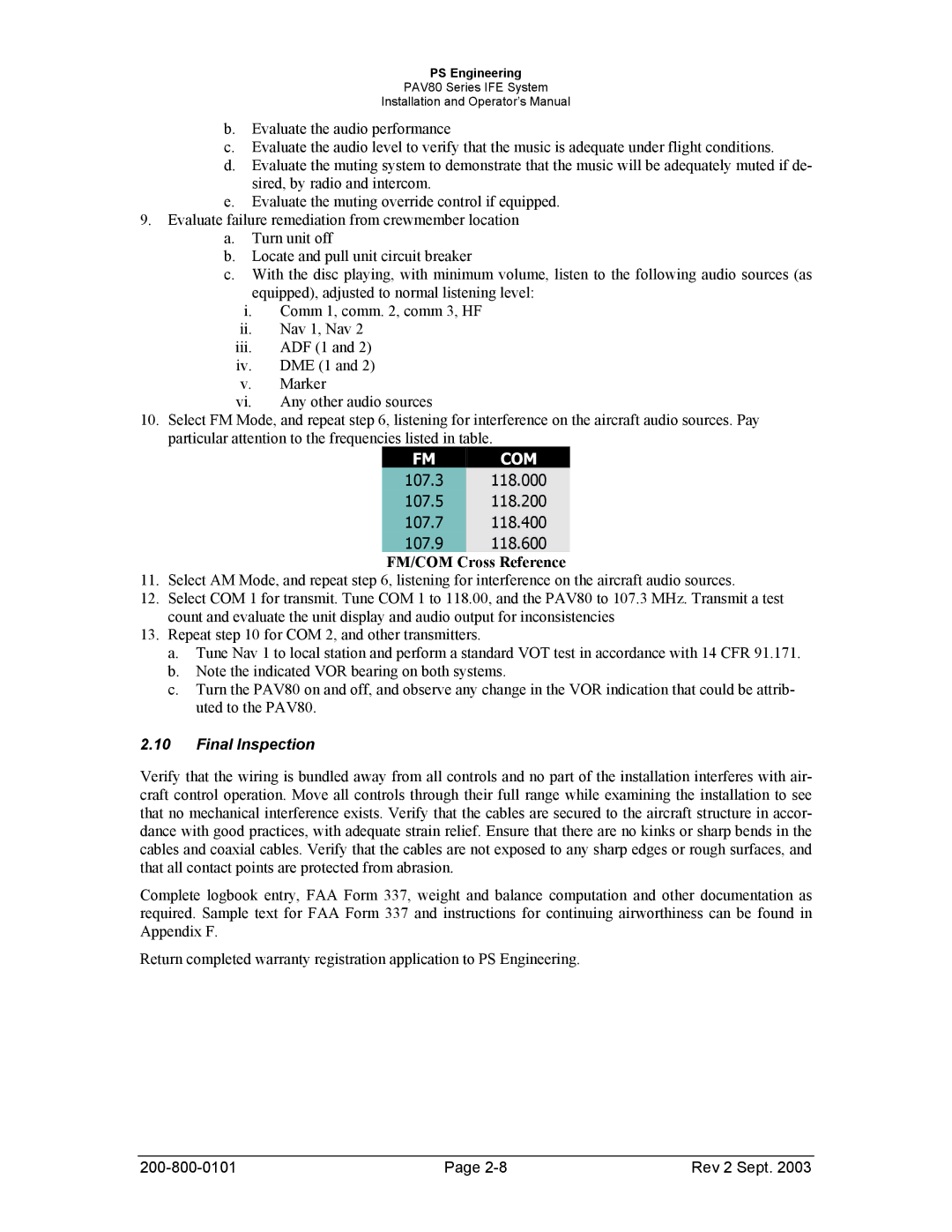 Garmin PAV80 operation manual FM/COM Cross Reference, Final Inspection 