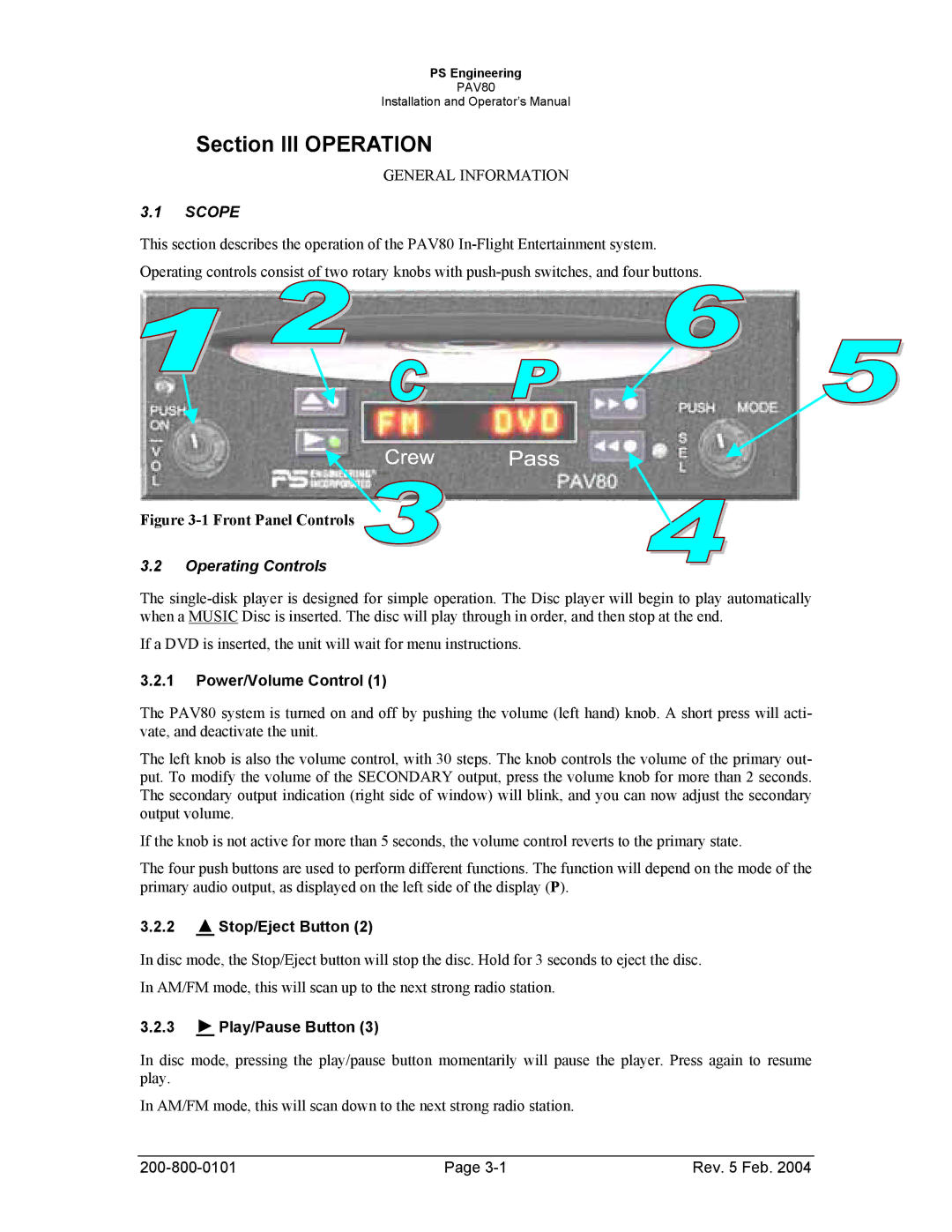 Garmin PAV80 Section III Operation, Operating Controls, Power/Volume Control, Stop/Eject Button, Play/Pause Button 