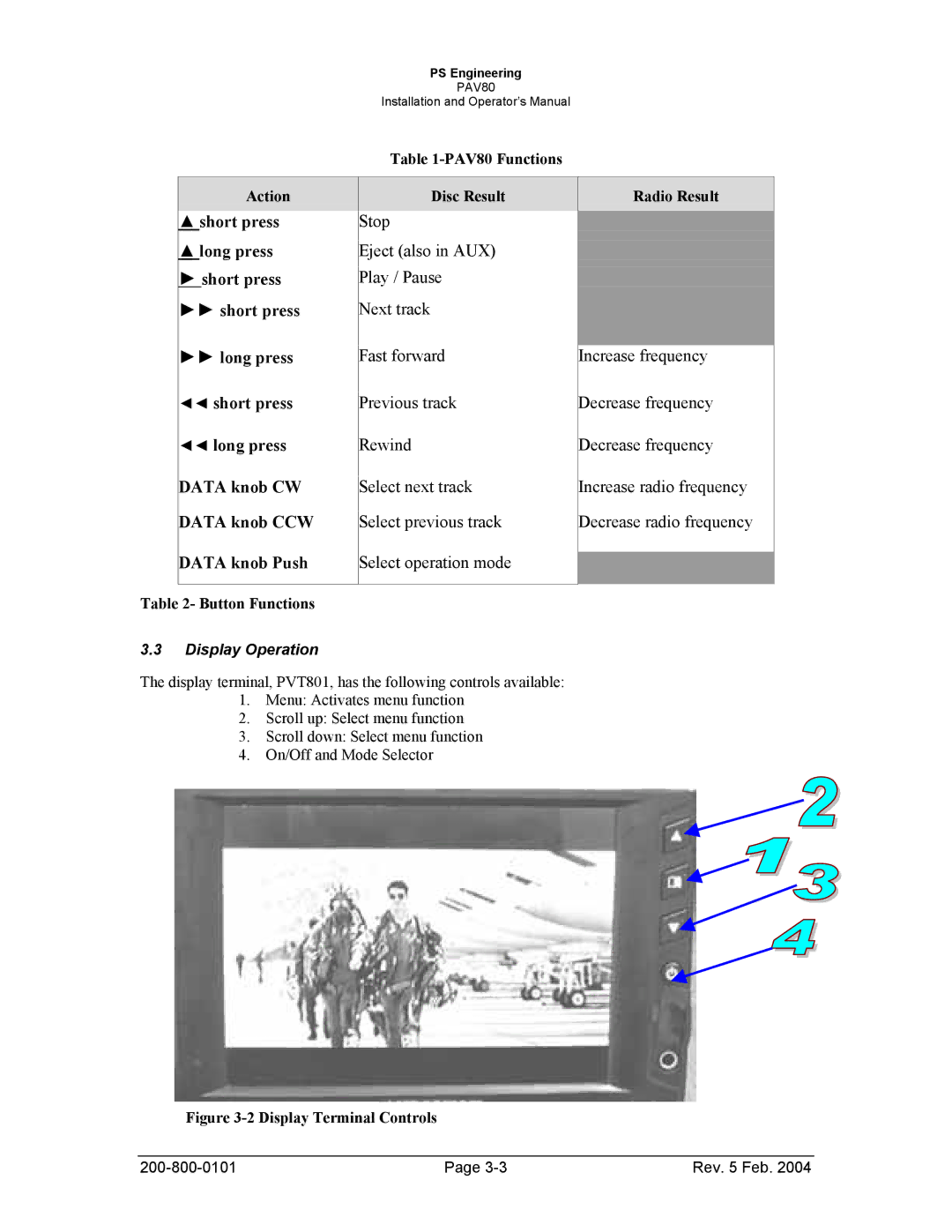 Garmin PAV80 operation manual Data knob Push, Display Operation 