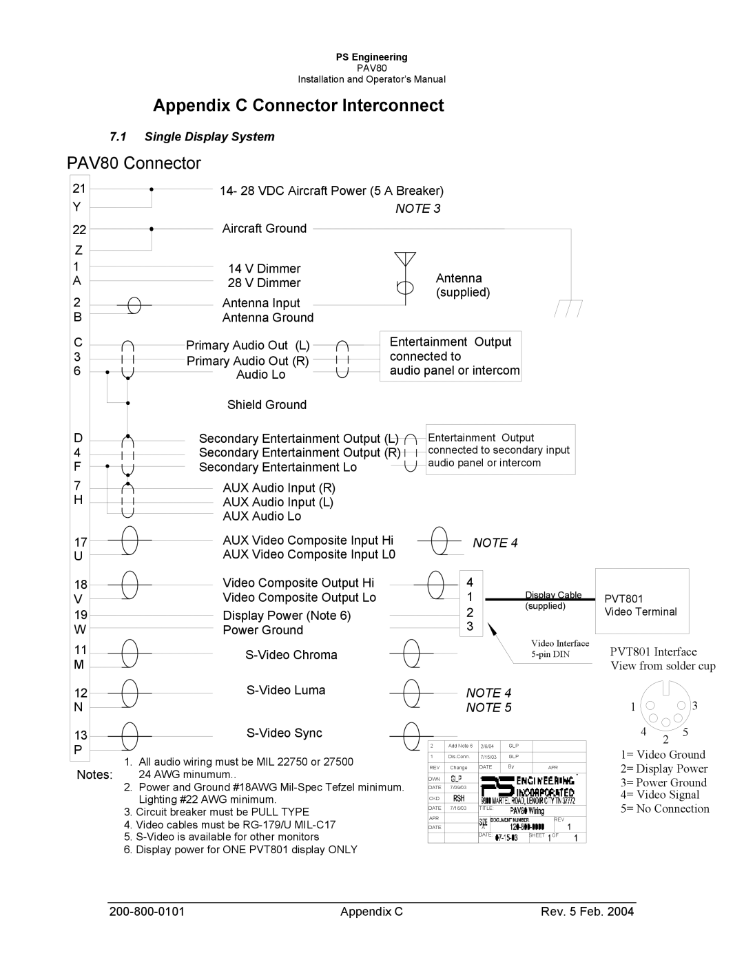 Garmin PAV80 operation manual Appendix C Connector Interconnect, Single Display System 