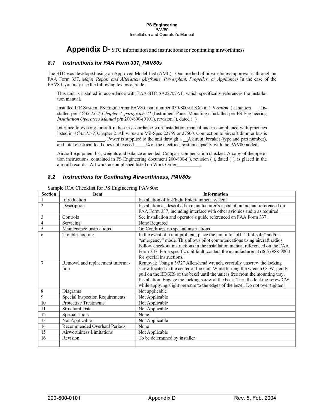 Garmin operation manual Instructions for FAA Form 337, PAV80s, Instructions for Continuing Airworthiness, PAV80s 