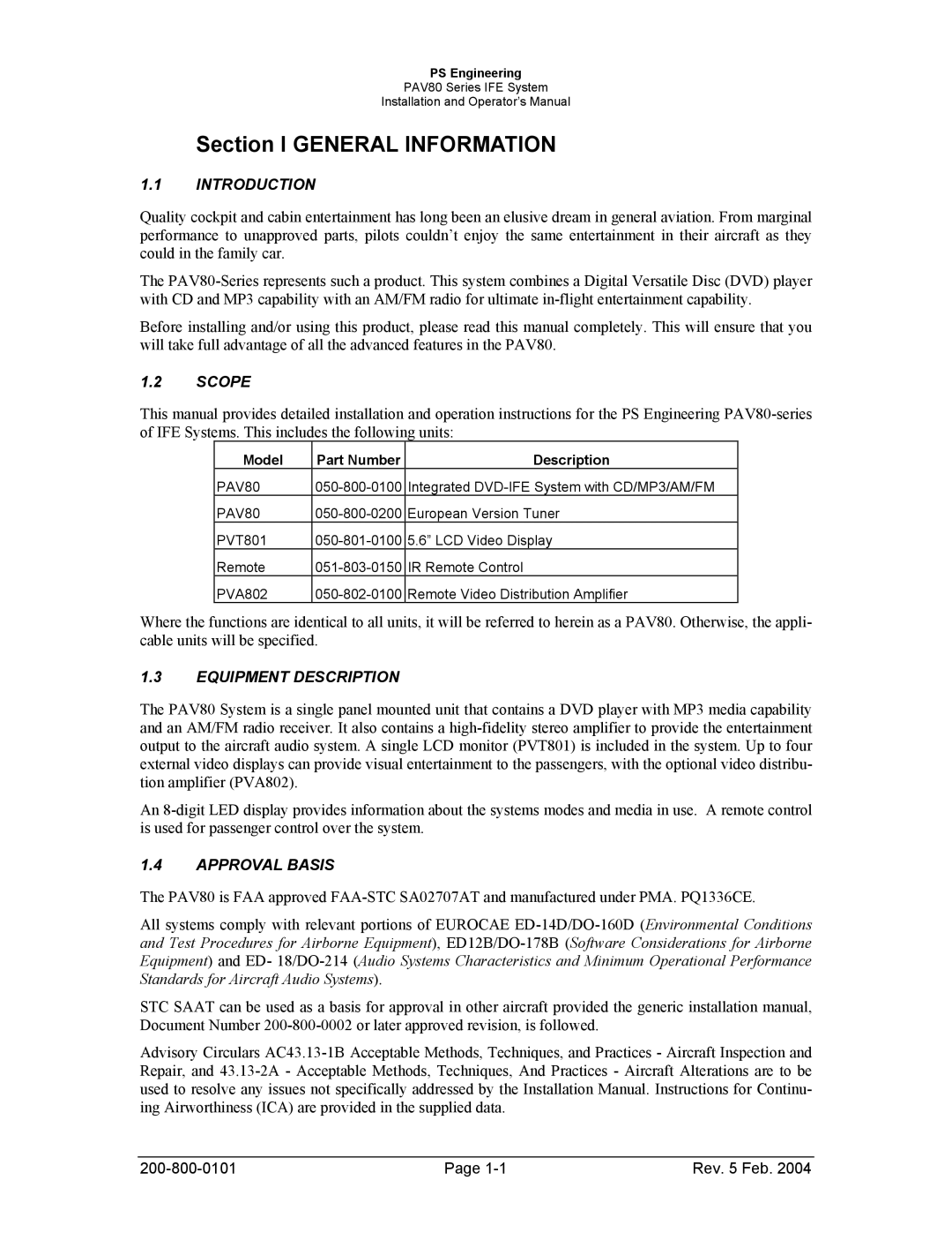 Garmin PAV80 operation manual Section I General Information, Introduction, Scope, Equipment Description, Approval Basis 