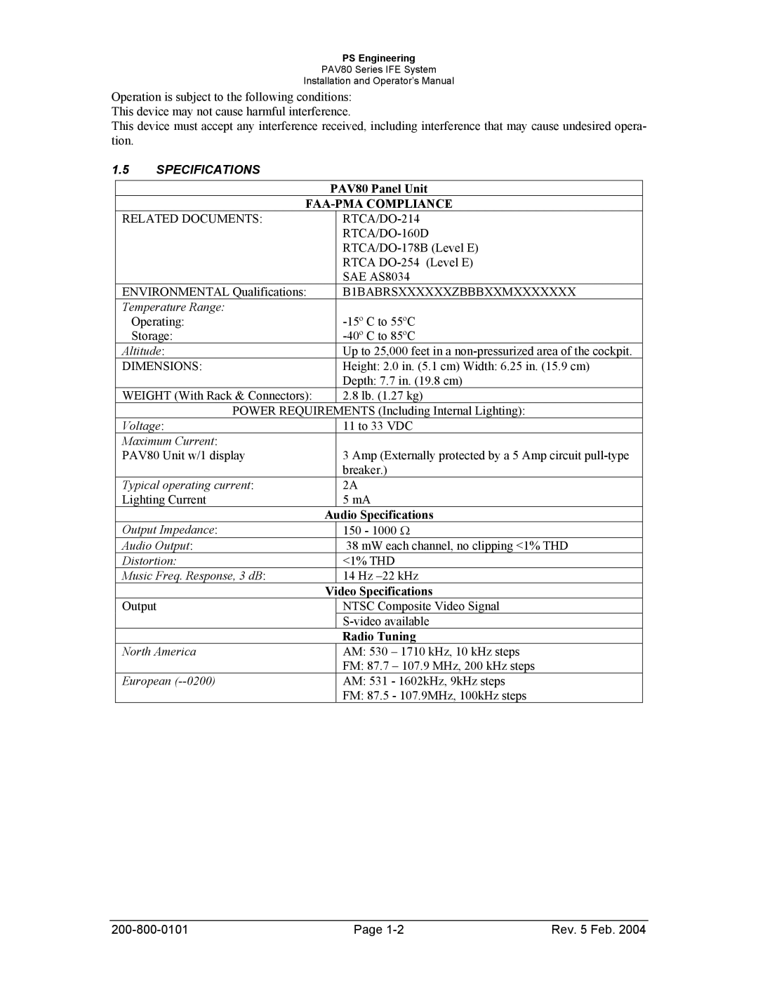 Garmin PAV80 operation manual Specifications, FAA-PMA Compliance 