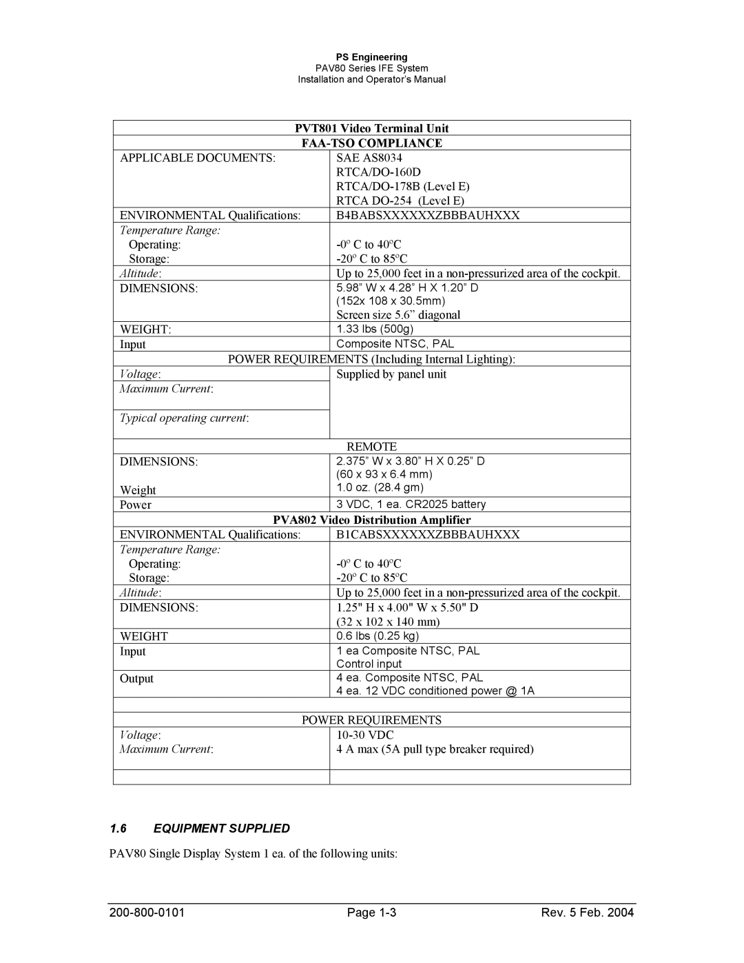 Garmin PAV80 operation manual FAA-TSO Compliance, Equipment Supplied 