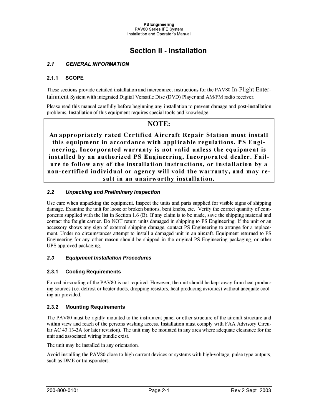 Garmin PAV80 operation manual Section II Installation, General Information, Unpacking and Preliminary Inspection 