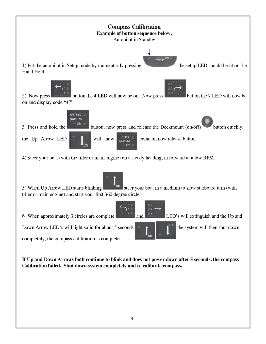 Garmin PN 906-2001-00 manual Compass Calibration, Example of button sequence below 