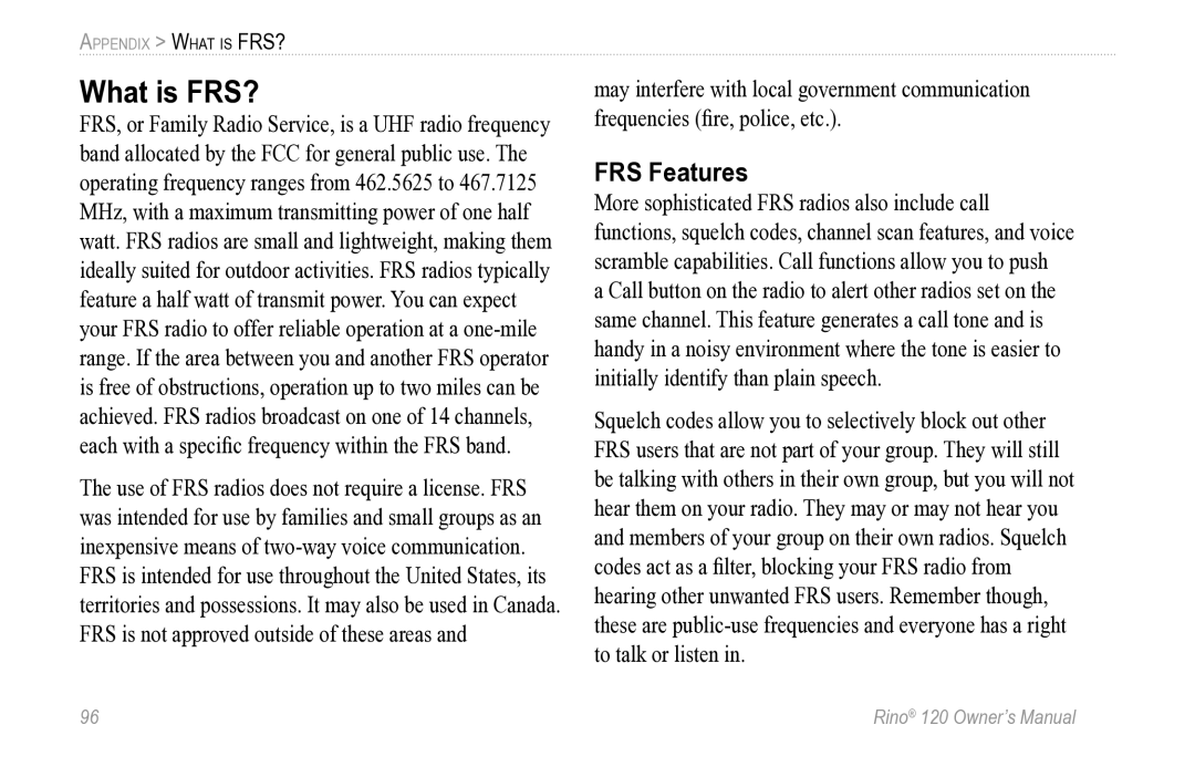 Garmin Rino 120 owner manual What is FRS?, FRS Features 