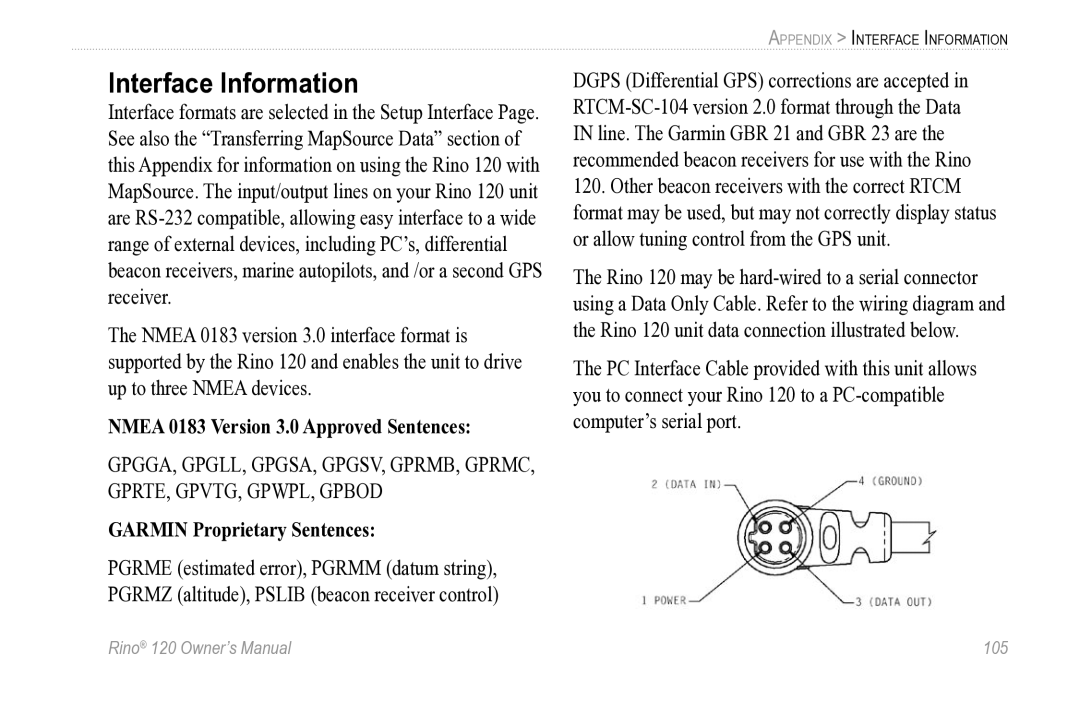 Garmin Rino 120 owner manual Interface Information, Garmin Proprietary Sentences 