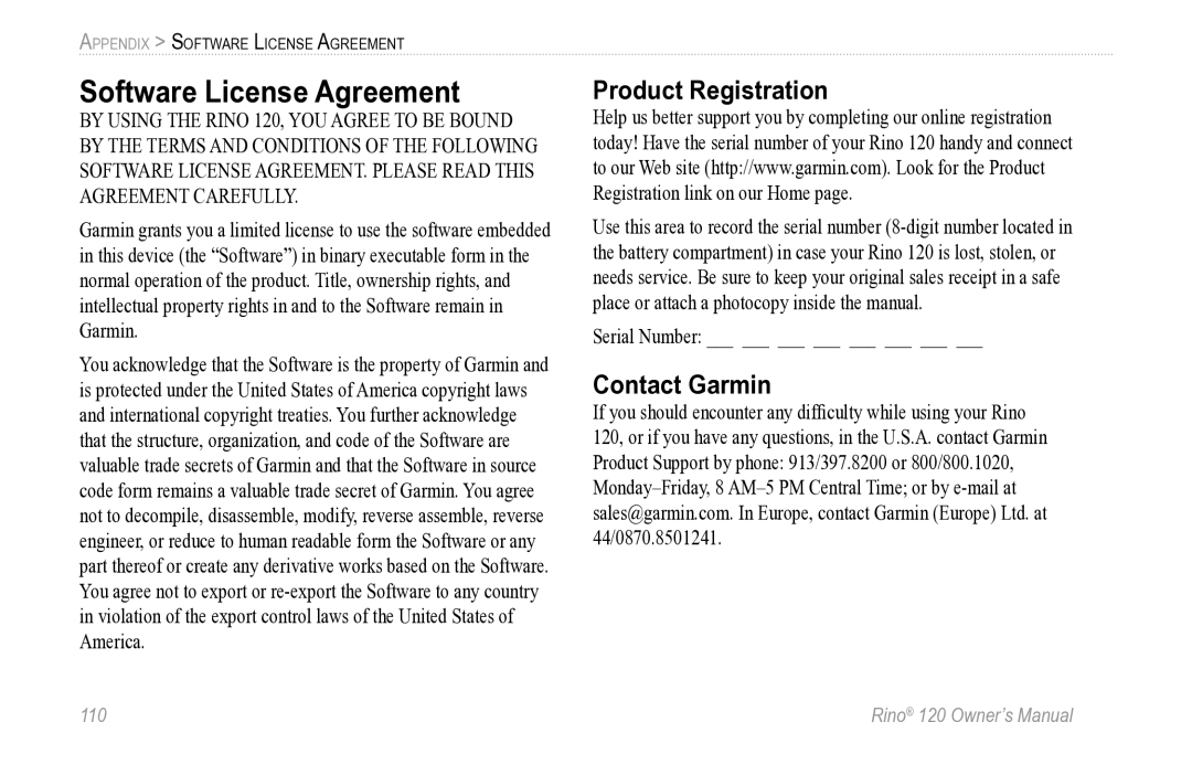 Garmin Rino 120 owner manual Software License Agreement, Product Registration, Contact Garmin 