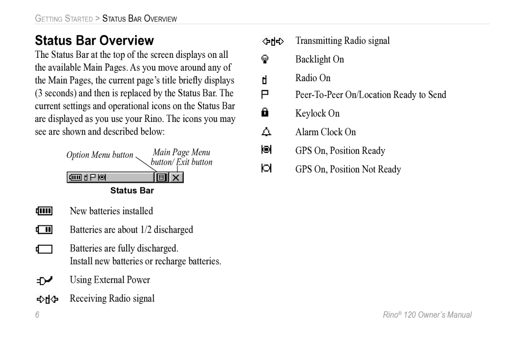 Garmin Rino 120 owner manual Status Bar Overview 