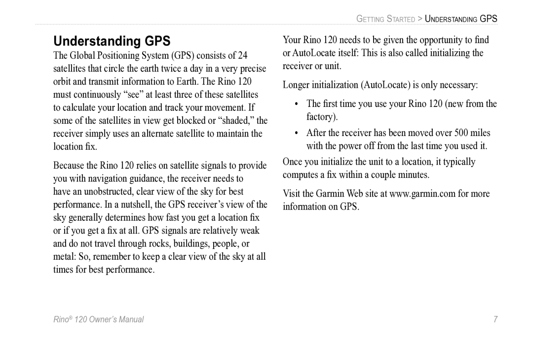 Garmin Rino 120 owner manual Understanding GPS 