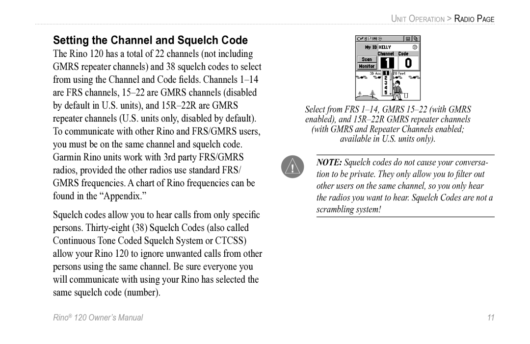 Garmin Rino 120 owner manual Setting the Channel and Squelch Code 