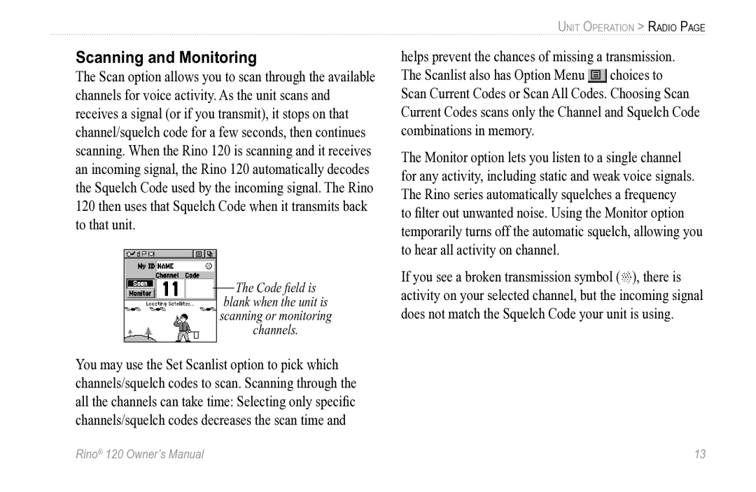 Garmin Rino 120 owner manual Scanning and Monitoring, Code ﬁeld is 