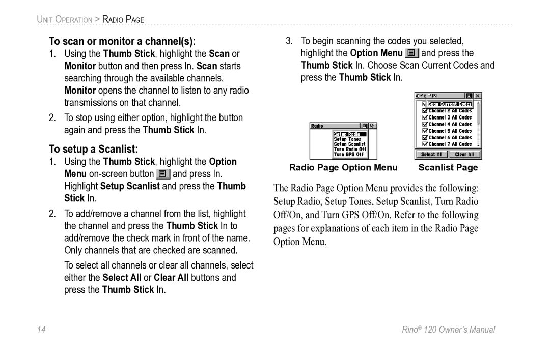 Garmin Rino 120 owner manual To scan or monitor a channels, To setup a Scanlist 