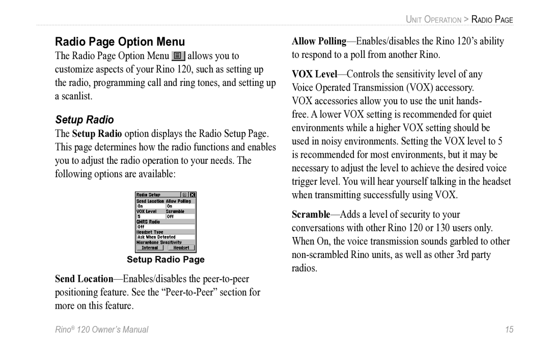 Garmin Rino 120 owner manual Radio Page Option Menu, Setup Radio 