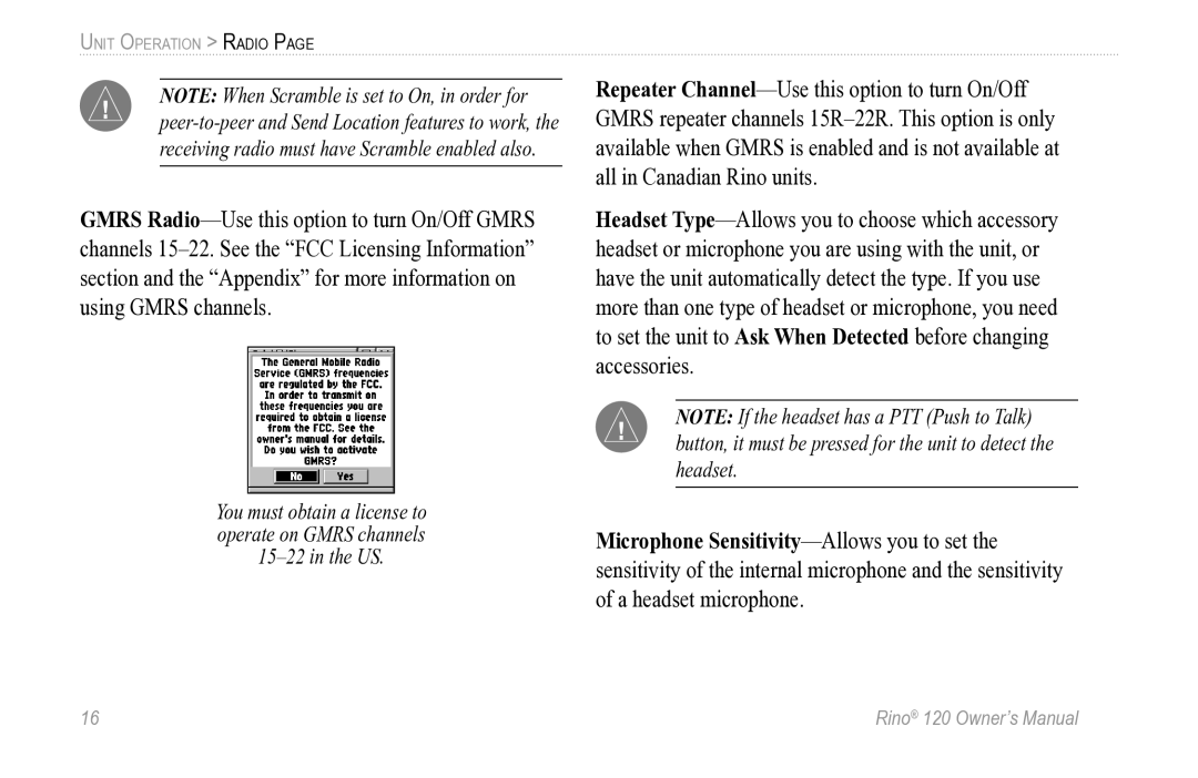 Garmin Rino 120 owner manual Unit Operation Radio 