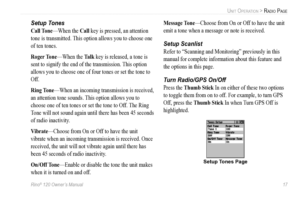 Garmin Rino 120 owner manual Setup Tones, Setup Scanlist, Turn Radio/GPS On/Off 