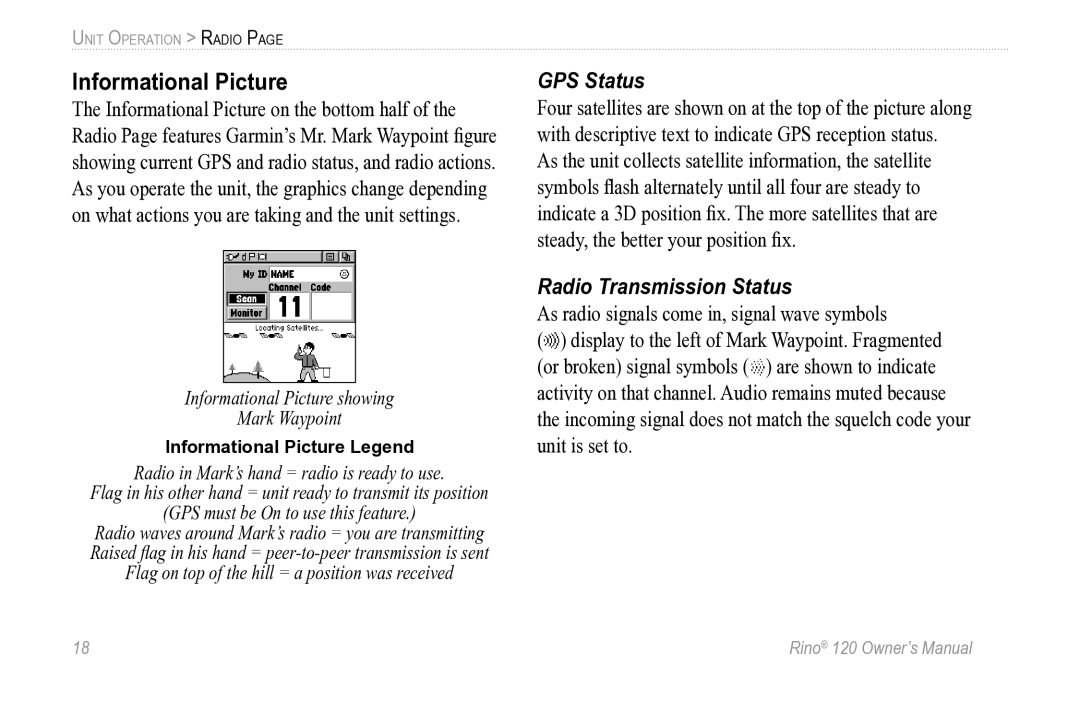 Garmin Rino 120 owner manual Informational Picture, GPS Status, Radio Transmission Status 