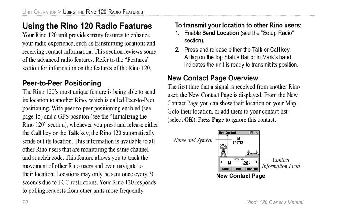 Garmin Rino 120 Peer-to-Peer Positioning, New Contact Page Overview, To transmit your location to other Rino users 