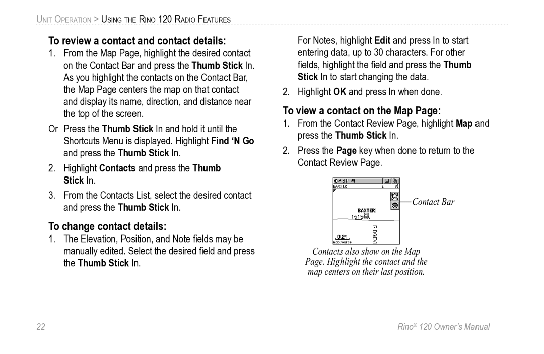 Garmin Rino 120 To review a contact and contact details, To change contact details, To view a contact on the Map 