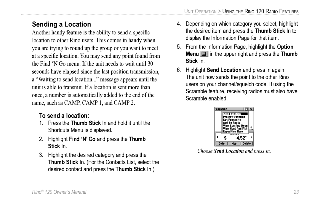 Garmin Rino 120 owner manual Sending a Location, To send a location 