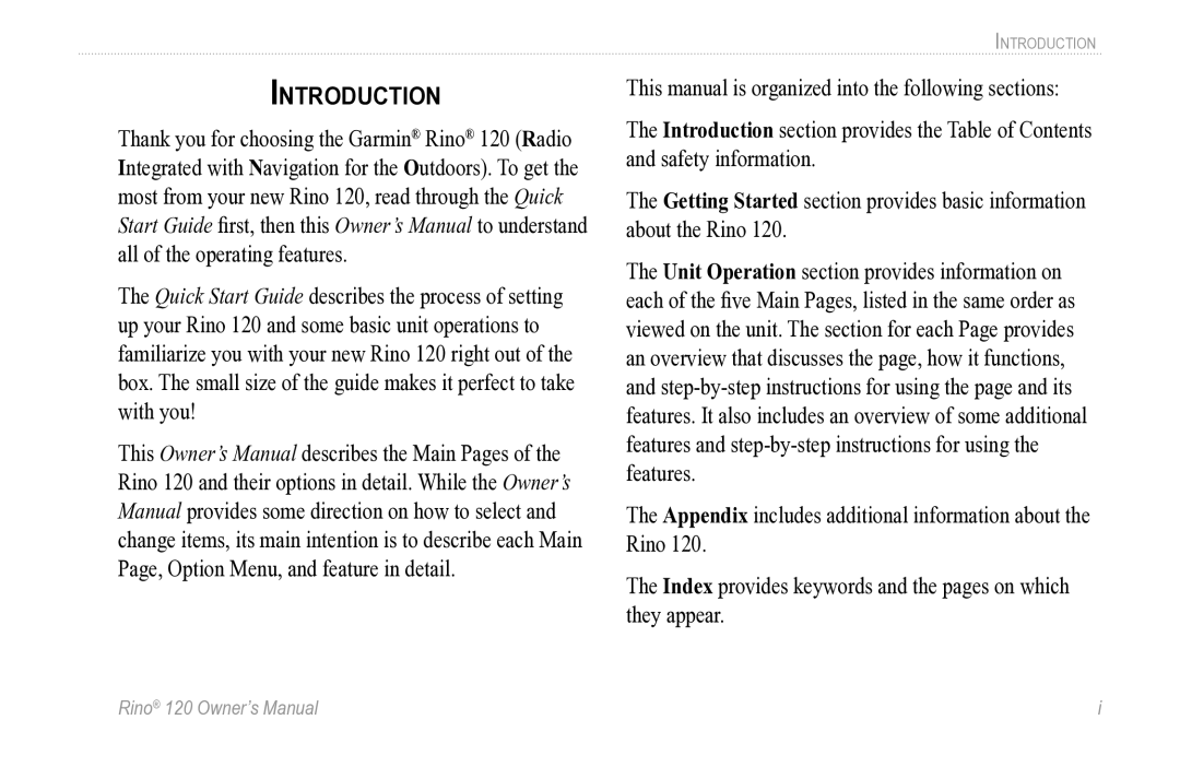 Garmin Rino 120 owner manual Introduction 