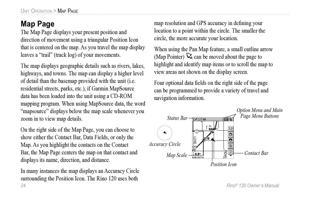 Garmin Rino 120 owner manual Map 