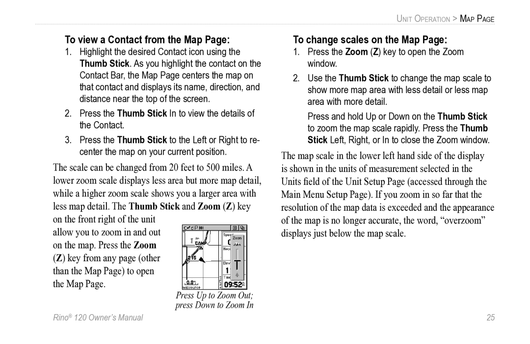 Garmin Rino 120 owner manual To view a Contact from the Map, To change scales on the Map 