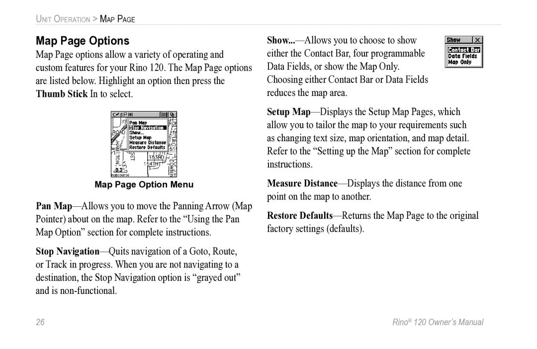 Garmin Rino 120 owner manual Map Page Options, Map Page Option Menu 