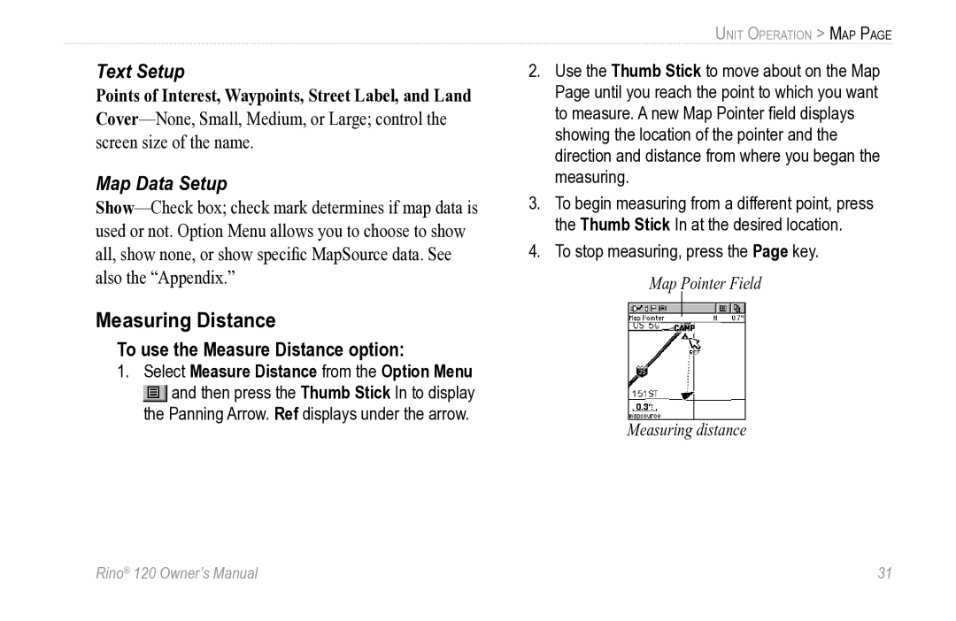 Garmin Rino 120 owner manual Measuring Distance, Text Setup, Map Data Setup, To use the Measure Distance option 