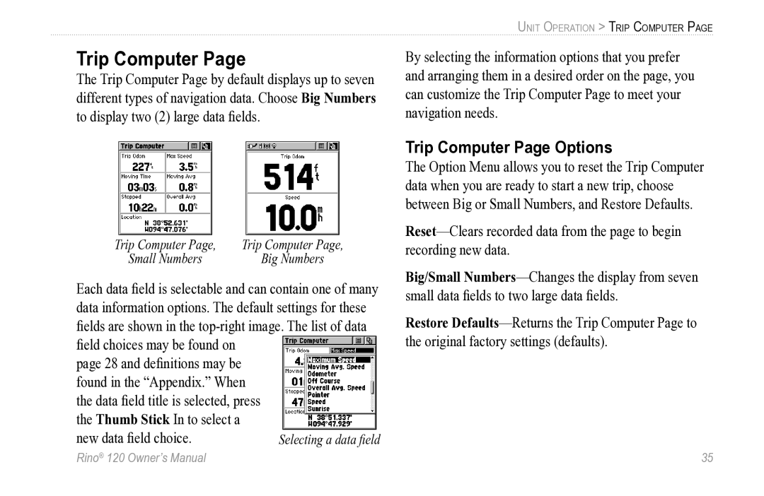 Garmin Rino 120 owner manual Trip Computer Page Options 