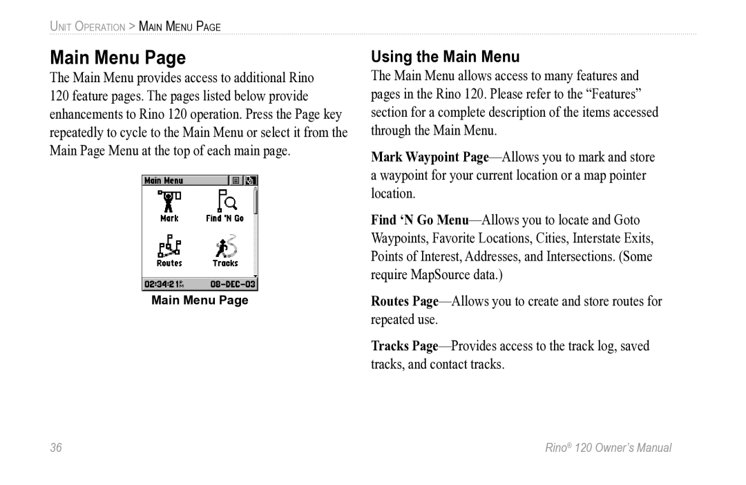 Garmin Rino 120 owner manual Using the Main Menu 