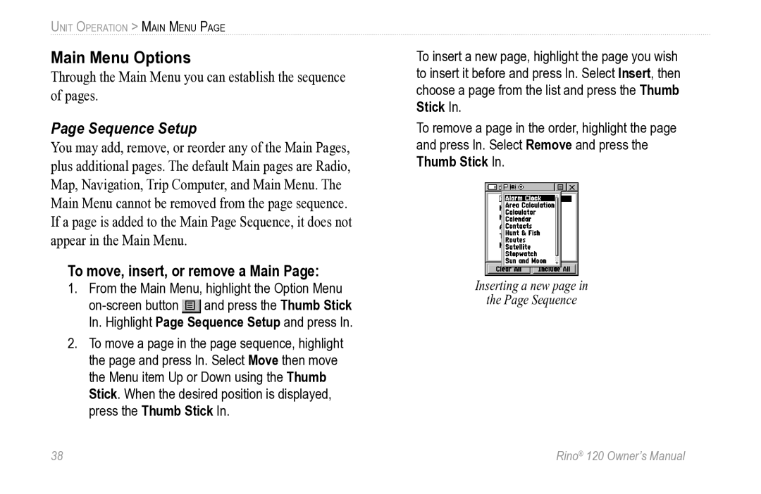 Garmin Rino 120 owner manual Main Menu Options, Sequence Setup, To move, insert, or remove a Main 