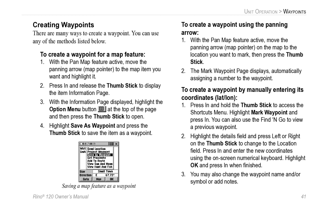 Garmin Rino 120 Creating Waypoints, To create a waypoint for a map feature, To create a waypoint using the panning arrow 