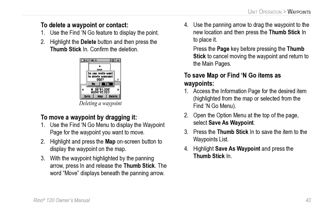 Garmin Rino 120 owner manual To delete a waypoint or contact, To move a waypoint by dragging it 