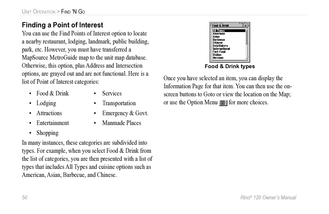 Garmin Rino 120 owner manual Finding a Point of Interest, Shopping 