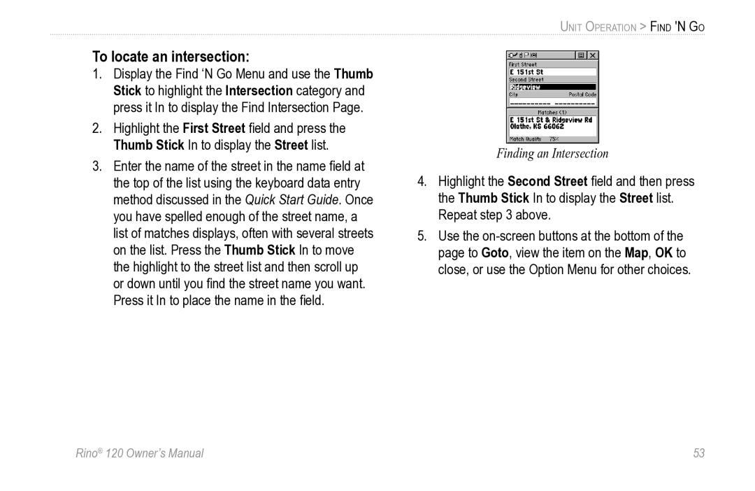 Garmin Rino 120 owner manual To locate an intersection 