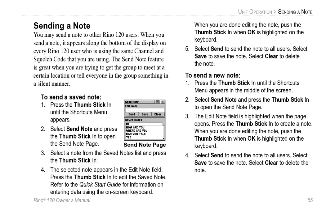 Garmin Rino 120 owner manual Sending a Note, To send a saved note, To send a new note 