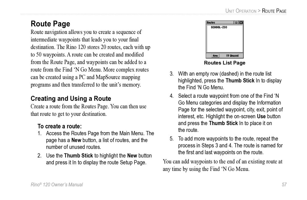 Garmin Rino 120 owner manual Creating and Using a Route, To create a route 