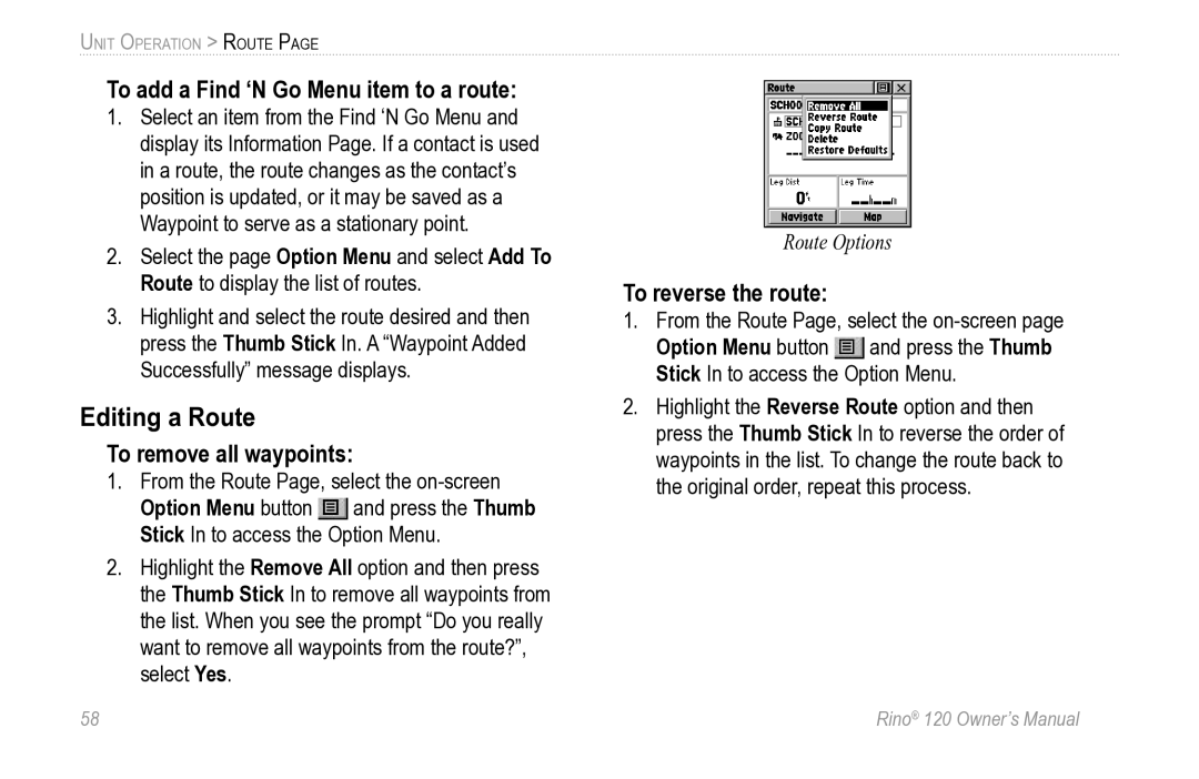 Garmin Rino 120 Editing a Route, To add a Find ‘N Go Menu item to a route, To remove all waypoints, To reverse the route 