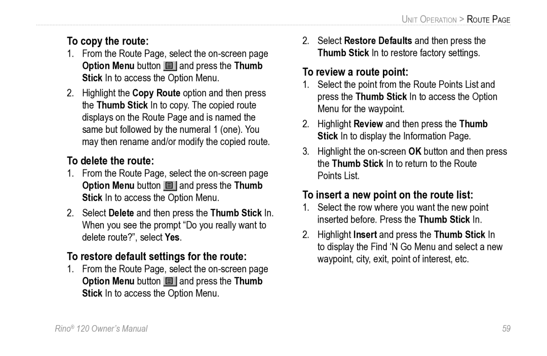 Garmin Rino 120 To copy the route, To delete the route, To restore default settings for the route, To review a route point 