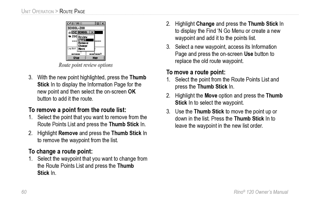 Garmin Rino 120 owner manual To remove a point from the route list, To change a route point, To move a route point 