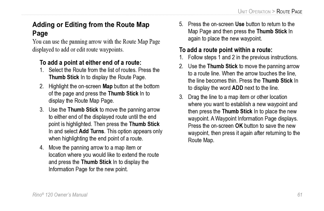 Garmin Rino 120 owner manual Adding or Editing from the Route Map, To add a point at either end of a route 