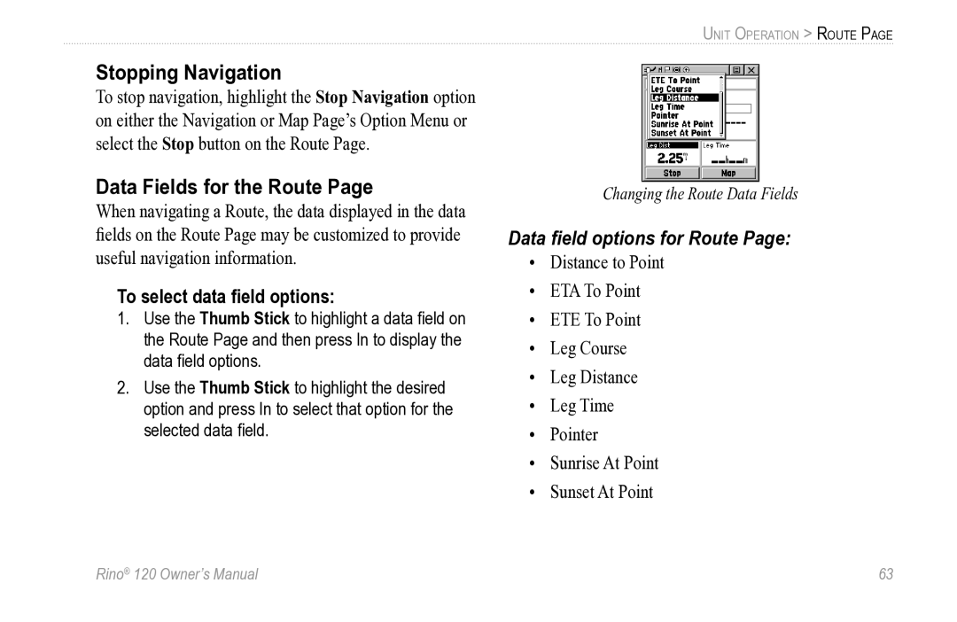 Garmin Rino 120 Stopping Navigation, Data Fields for the Route, To select data ﬁeld options, Data ﬁeld options for Route 