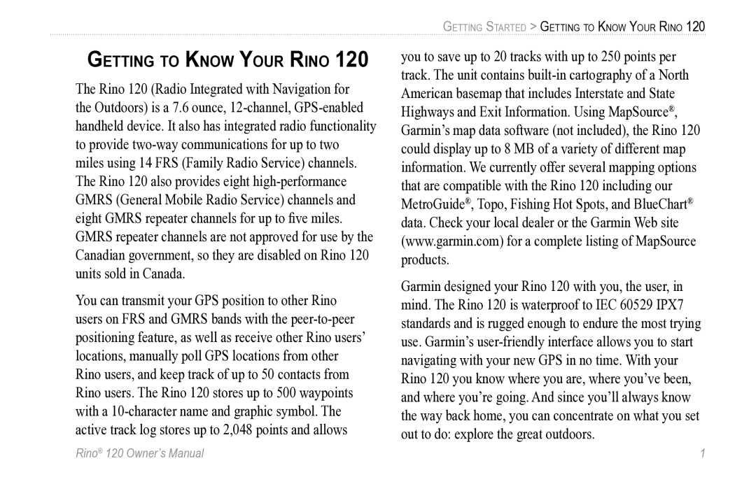 Garmin Rino 120 owner manual Getting to Know Your Rino 