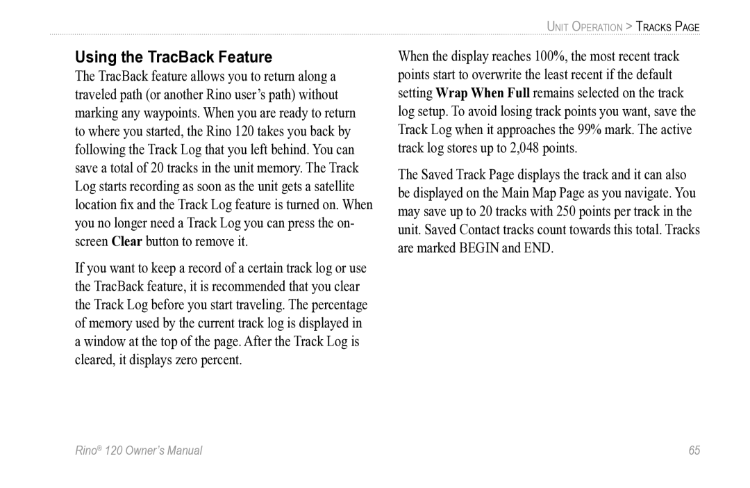 Garmin Rino 120 owner manual Using the TracBack Feature 