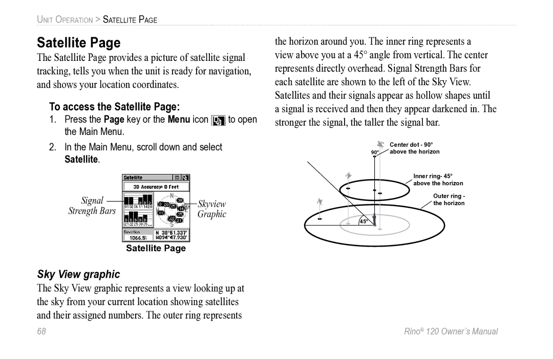 Garmin Rino 120 owner manual To access the Satellite, Sky View graphic 